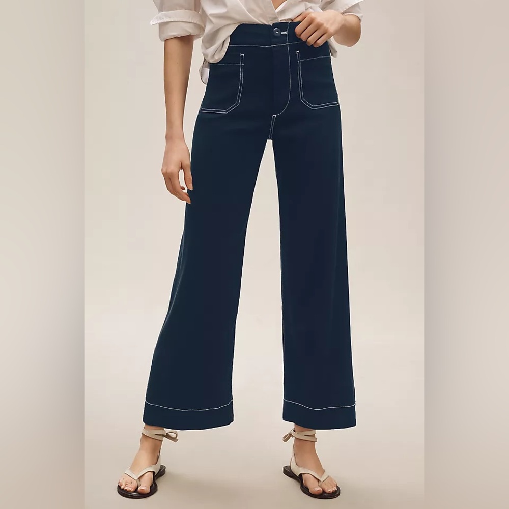 Anthropologie Maeve NWT The Colette Contrast-Stitch Linen Crop Wide Leg Pants - Picture 2 of 10